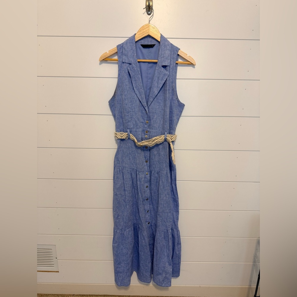 Zara Sleeveless Chambray Maxi Dress in Light Blue with Cream Braided Belt-